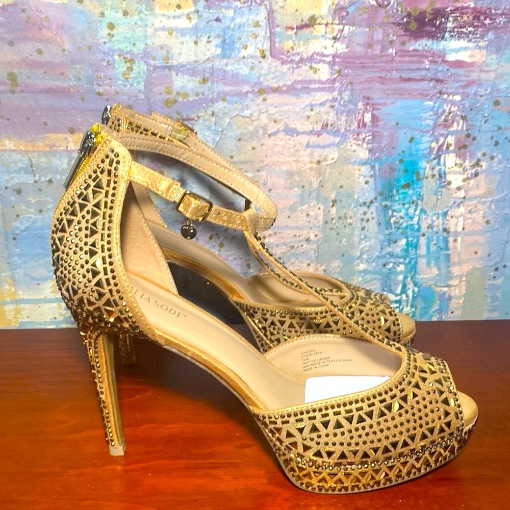 Thalia Sodi Gold Womens Chaney Embellished T-Strap Platform Pumps Sz 12 W